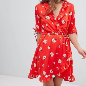 Red-range floral print wrap dress